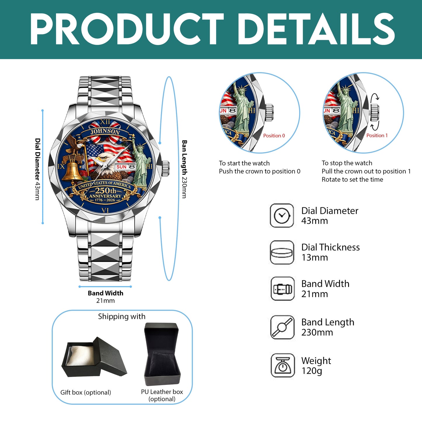 Personalized United State 250th Anniversary Alloy Luxury Quartz Watch UKND6130306