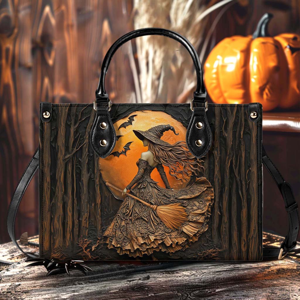 Halloween Witch Print 3D Leather Handbag, Fall Leather Handbag & Wallet QFTD4050901