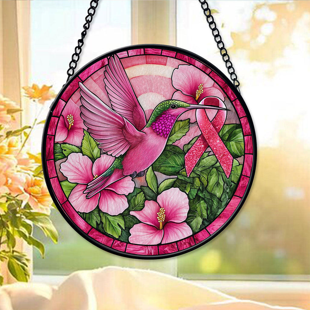 Hummingbird Ribbon Breast Cancer Awareness Faux Stained Glass Suncatcher QFPY4271205