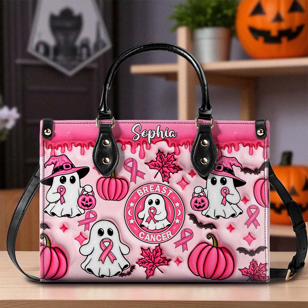 Personalized Spooky Vibe Breast Cancer Print 3D Inflated Leather PU Handbag, Halloween Gifts UKND5270802