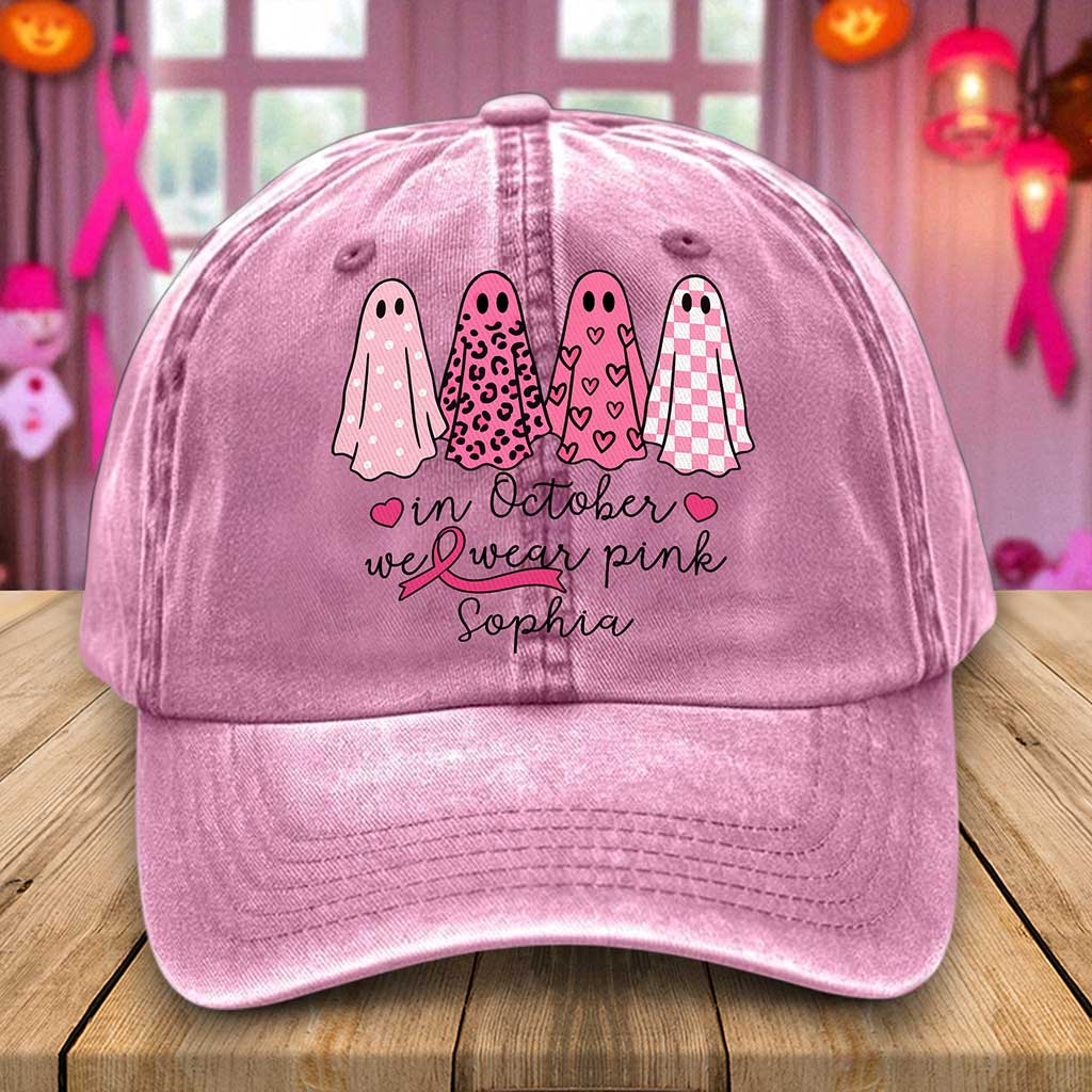 Custom Breast Cancer Distressed Washed Cotton Printed Hat , In October We Wear Pink Ghost Hat, Cancer Support Hat, Cancer Awareness Shirt, Cancer Fighter Gifts UKND5180805
