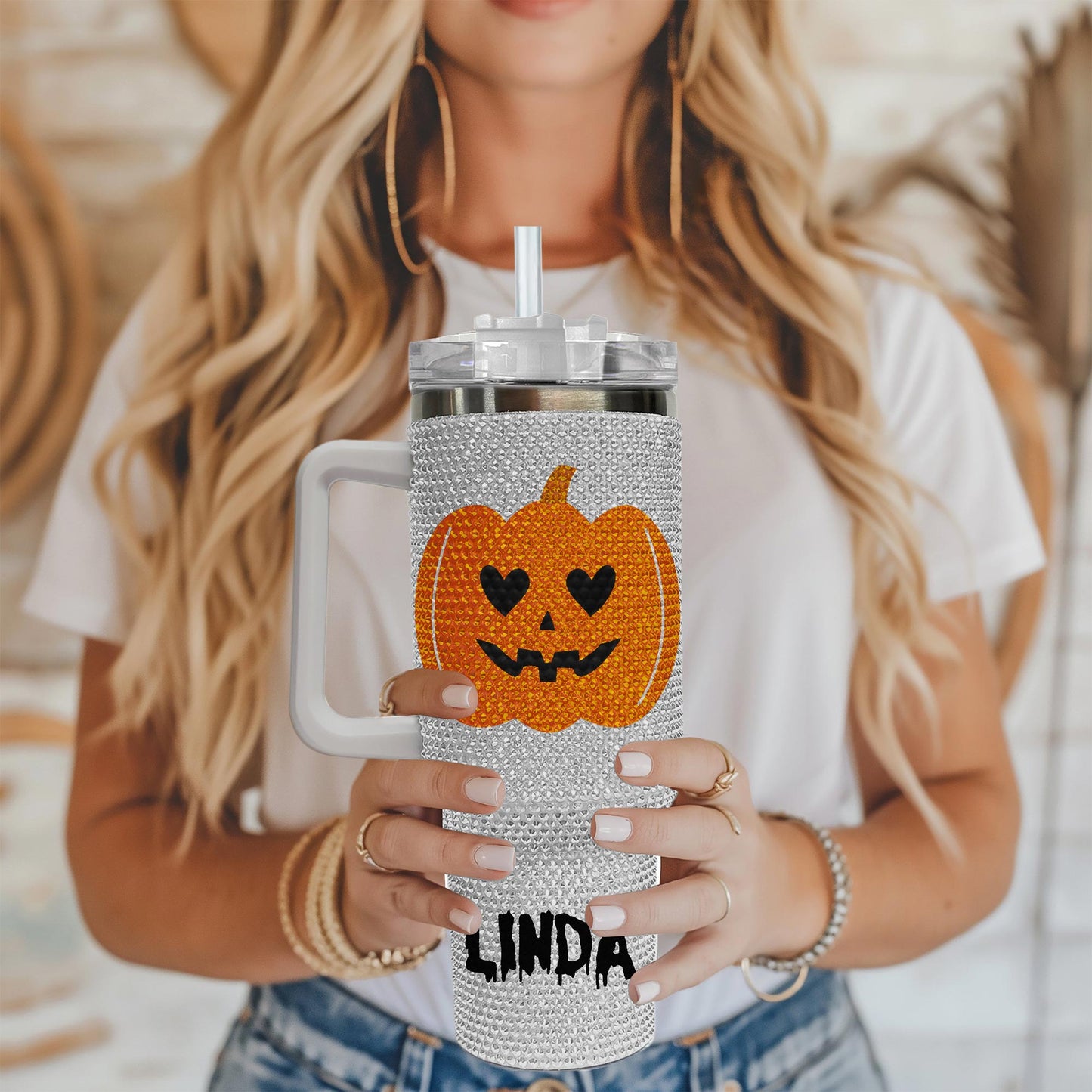Pumpkin 40Oz Rhinestone Tumbler, Halloween Bling Tumbler, Halloween Gift Idea, Spooky Season Gift, Fall Cup, Ghost Pumpkin Bling Tumbler QFHM4300807