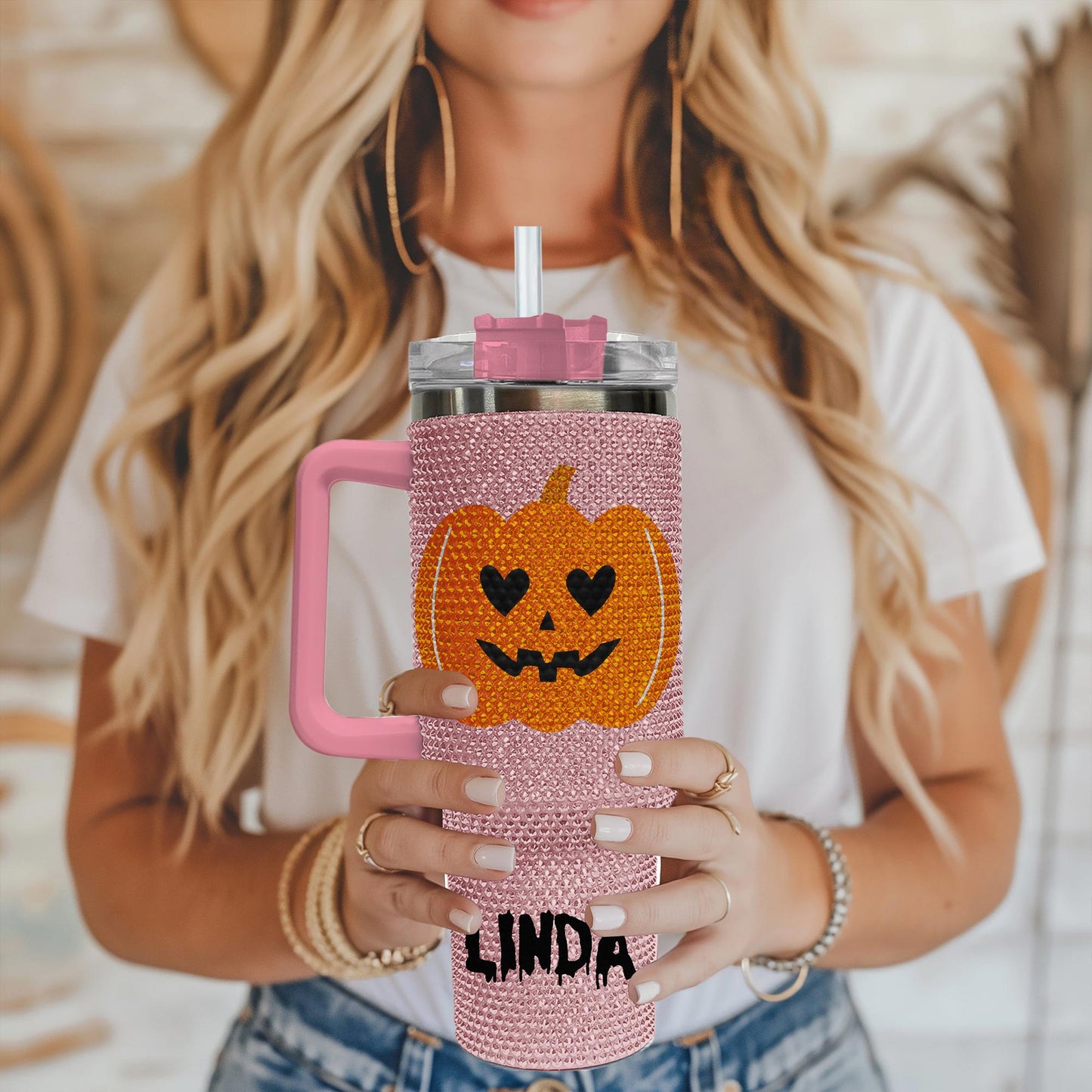 Pumpkin 40Oz Rhinestone Tumbler, Halloween Bling Tumbler, Halloween Gift Idea, Spooky Season Gift, Fall Cup, Ghost Pumpkin Bling Tumbler QFHM4300807