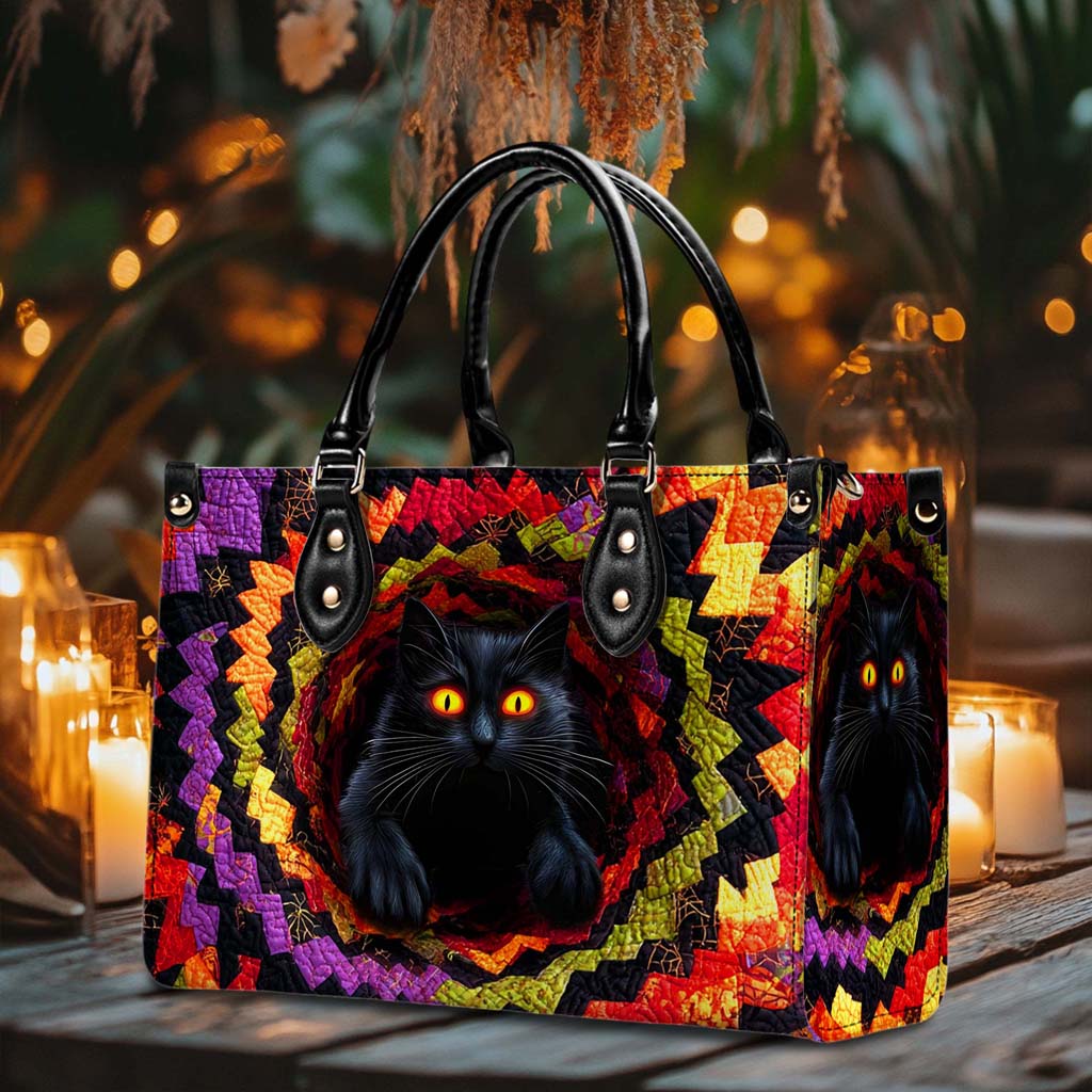 3D Effect Printed Black Cat Halloween Pu Leather Handbag QFHM5230906
