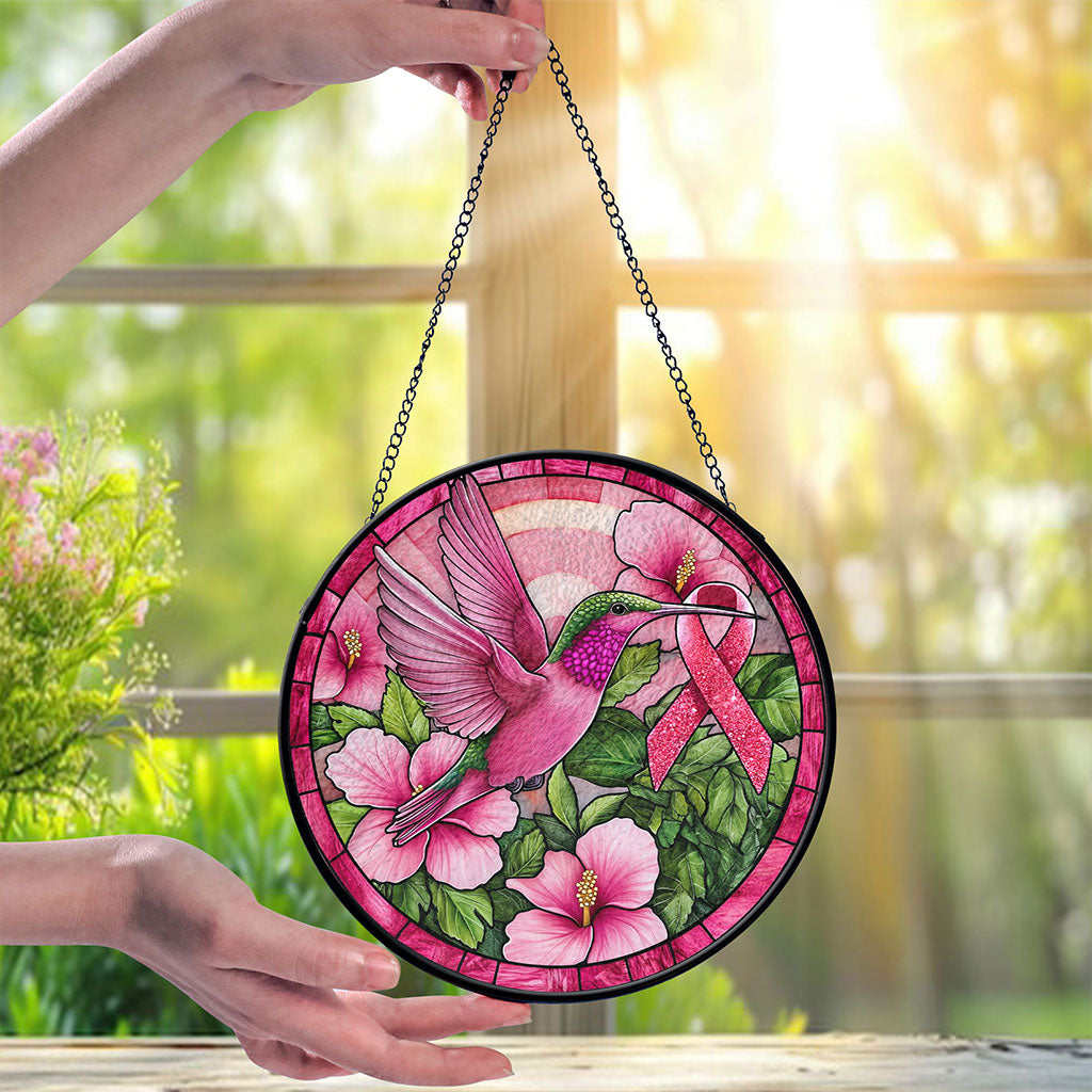 Hummingbird Ribbon Breast Cancer Awareness Faux Stained Glass Suncatcher QFPY4271205