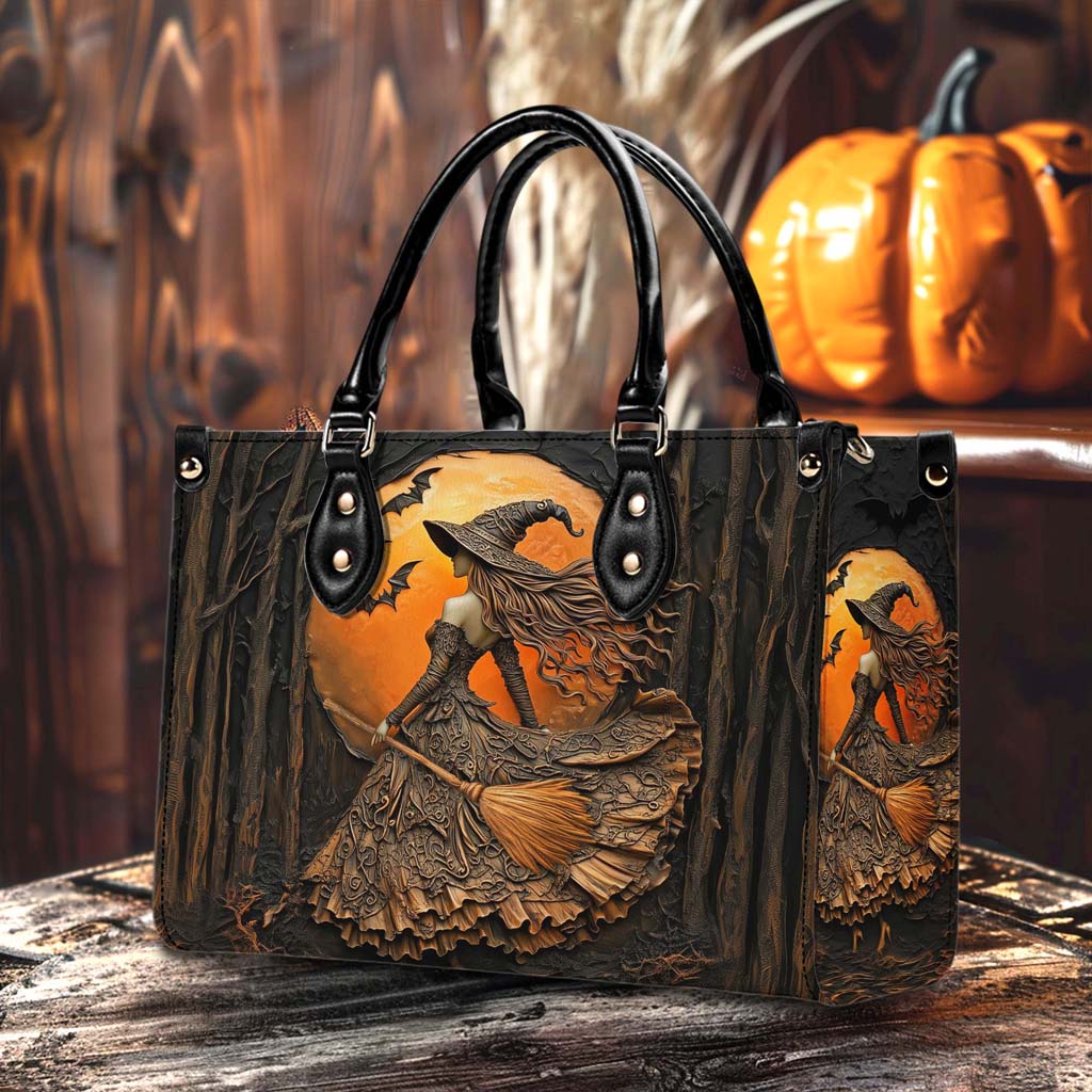 Halloween Witch Print 3D Leather Handbag, Fall Leather Handbag & Wallet QFTD4050901