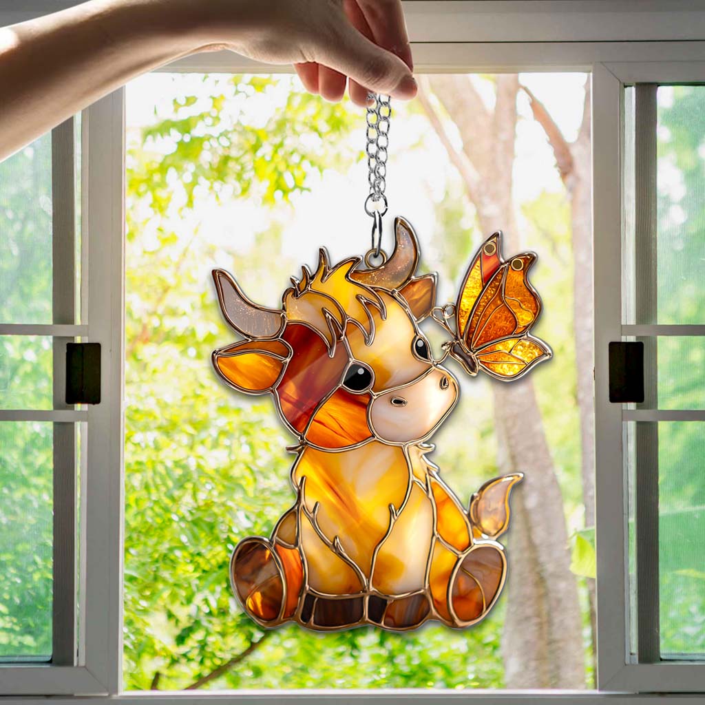 Highland Cow and Butterfly Acrylic Window Hanging QFTD5160801