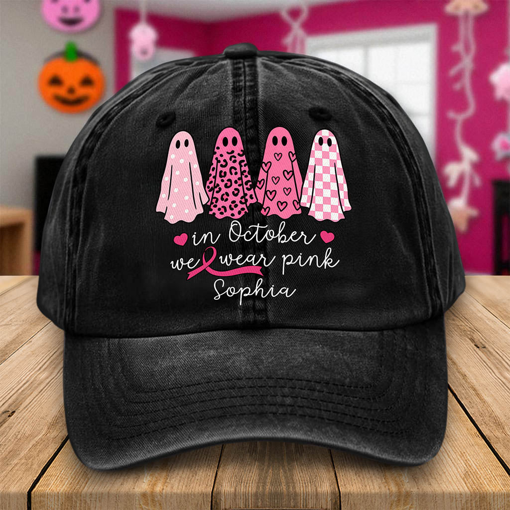 Custom Breast Cancer Distressed Washed Cotton Printed Hat , In October We Wear Pink Ghost Hat, Cancer Support Hat, Cancer Awareness Shirt, Cancer Fighter Gifts UKND5180805
