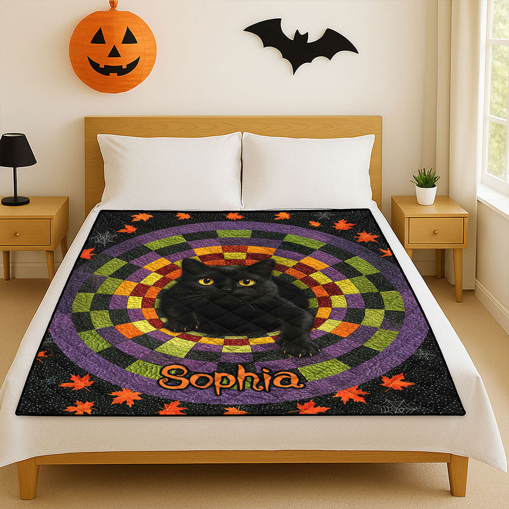 Custom Black Cat Halloween Quilted Blanket UKTZ5300901