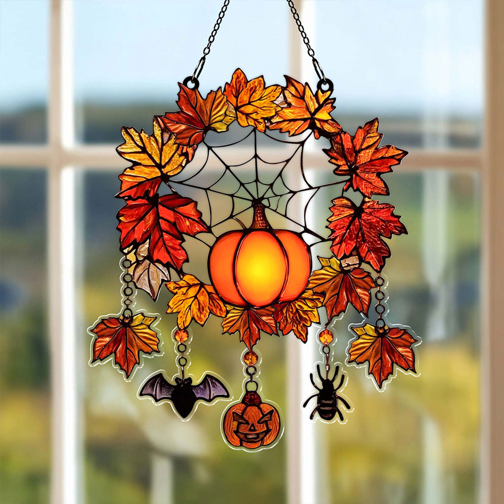 Autumn Halloween Faux Stained Glass Acrylic Suncatcher, Halloween Acrylic Window Hanging Suncatcher UKHA5050901