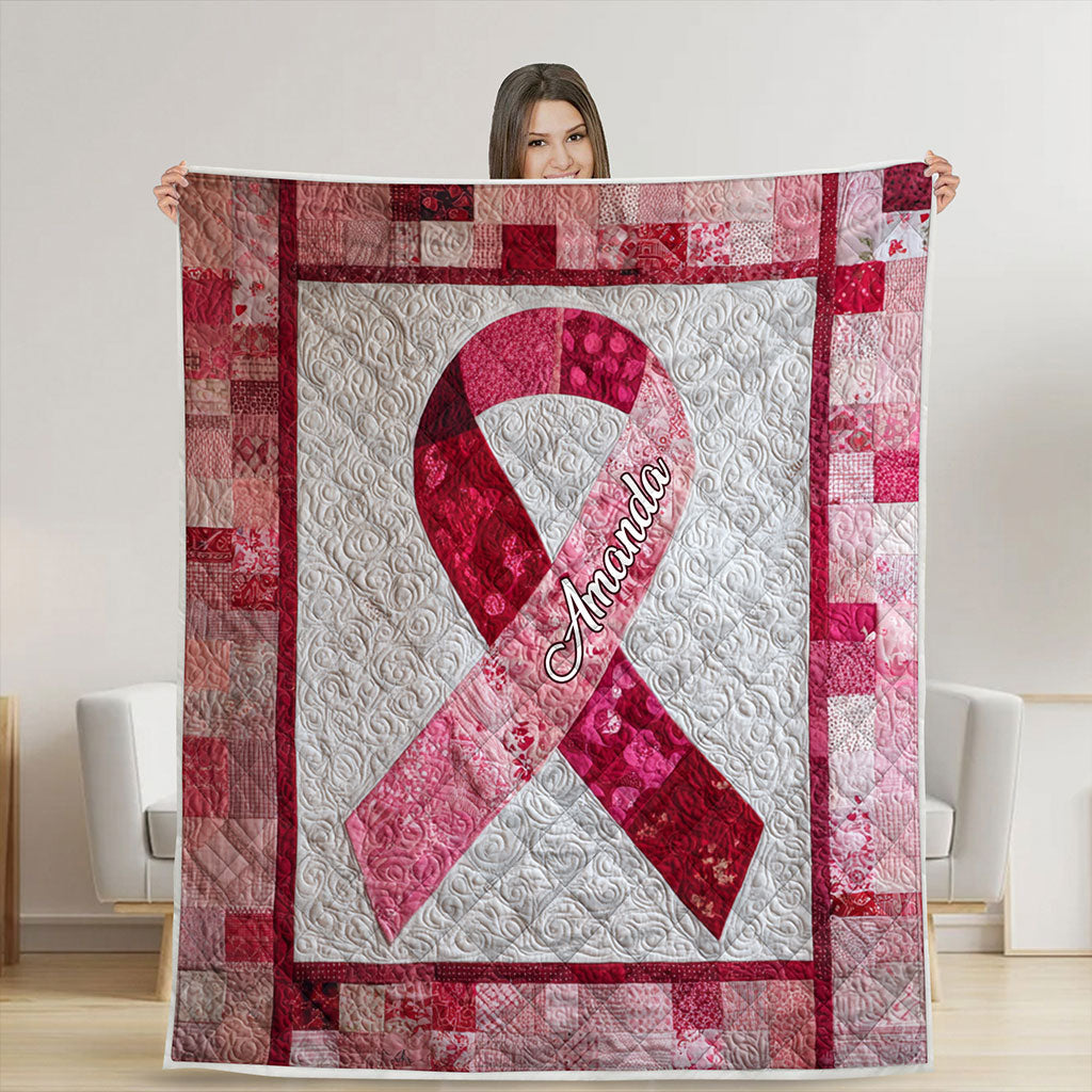 Personalized Breast Cancer Ribbon Quilt Blanket QFNT5200601