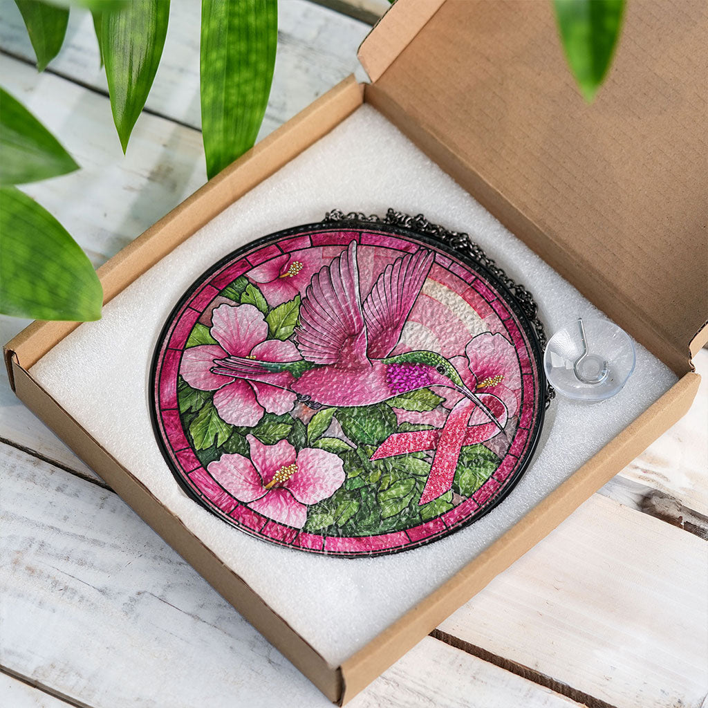 Hummingbird Ribbon Breast Cancer Awareness Faux Stained Glass Suncatcher QFPY4271205