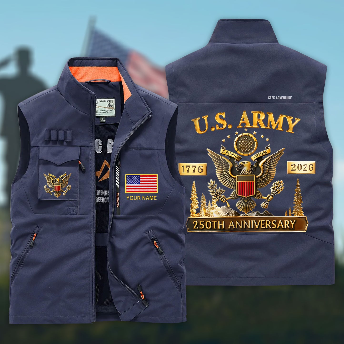 (CHECK SIZE CHART) Personalized U.S. Army 250th Anniversary Multi-Pocket Vest UKHH6060303