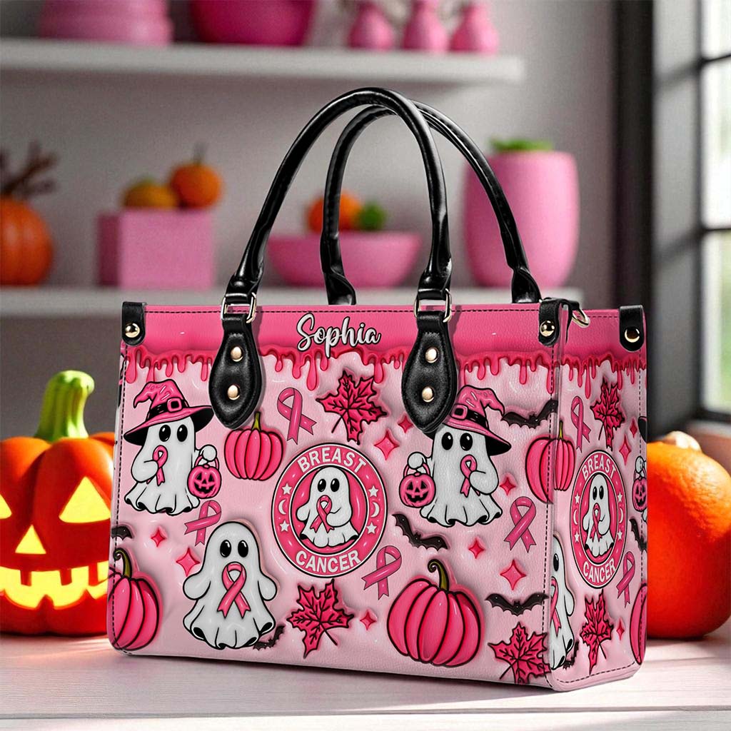 Personalized Spooky Vibe Breast Cancer Print 3D Inflated Leather PU Handbag, Halloween Gifts UKND5270802
