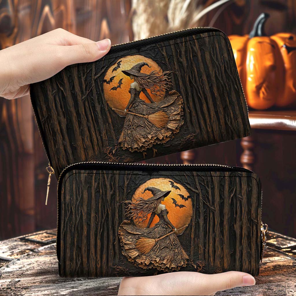 Halloween Witch Print 3D Leather Handbag, Fall Leather Handbag & Wallet QFTD4050901