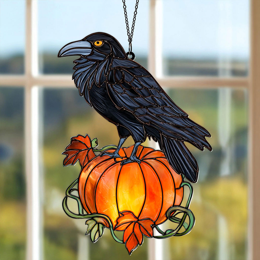 Black Raven Pumpkin Halloween Acrylic Window Hanging Suncatcher UKHA5130903