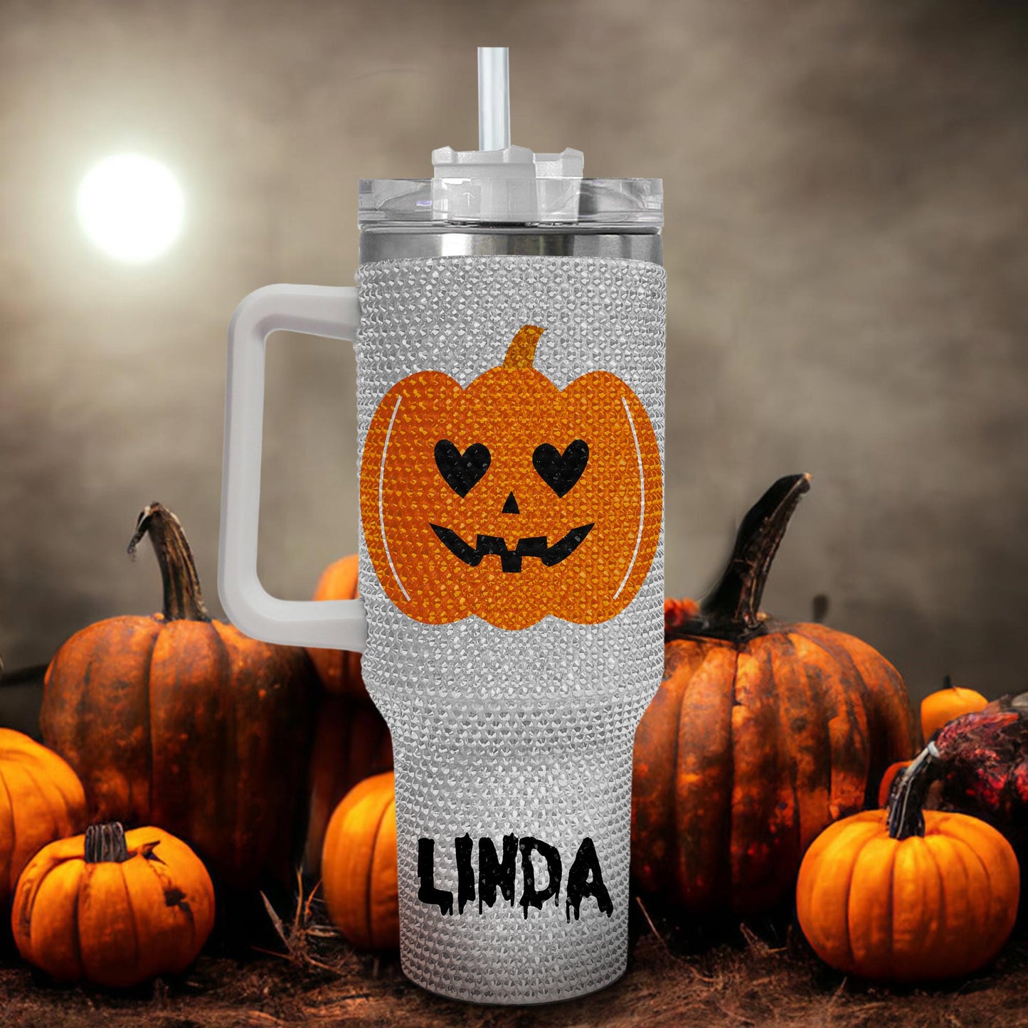 Pumpkin 40Oz Rhinestone Tumbler, Halloween Bling Tumbler, Halloween Gift Idea, Spooky Season Gift, Fall Cup, Ghost Pumpkin Bling Tumbler QFHM4300807