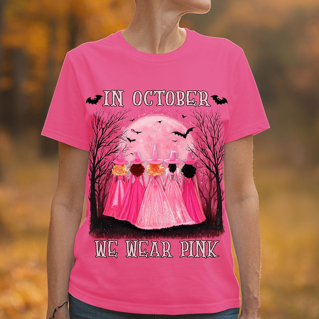 In October We Wear Pink Shirt, Breast Cancer Awareness Sweatshirt, Pink Halloween Witch QFHM5040901