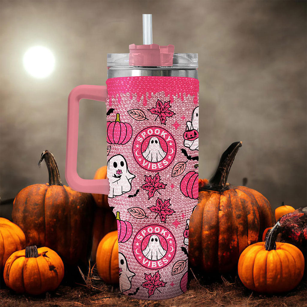 Ghost 40Oz Rhinestone Tumbler, Ghost Coffee, Spooky Vibes Tumbler, Halloween Gift QFTO4140803