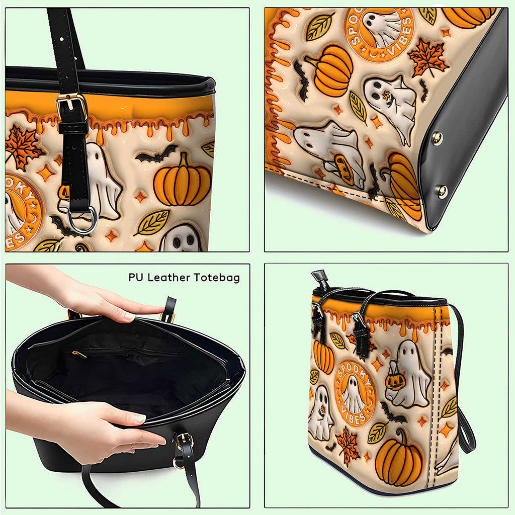 Spooky Vibe Print 3D Inflated Leather Tote Bag, Halloween Gift QFTO4310703