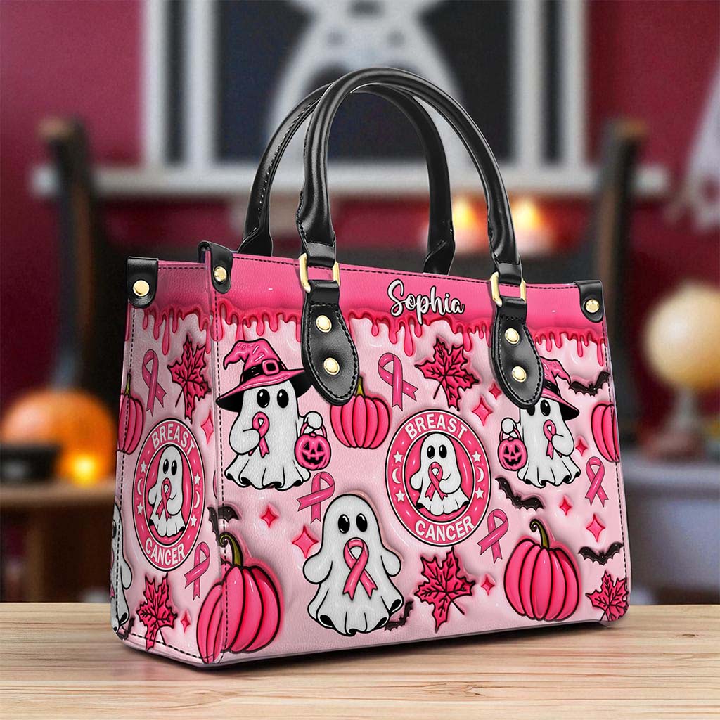 Personalized Spooky Vibe Breast Cancer Print 3D Inflated Leather PU Handbag, Halloween Gifts UKND5270802