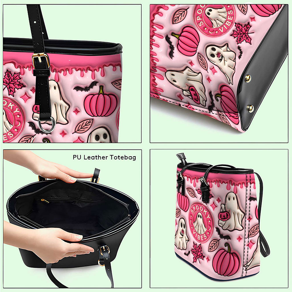 Spooky Vibe Print 3D Inflated Leather Tote Bag, Halloween Gift QFTO4310704