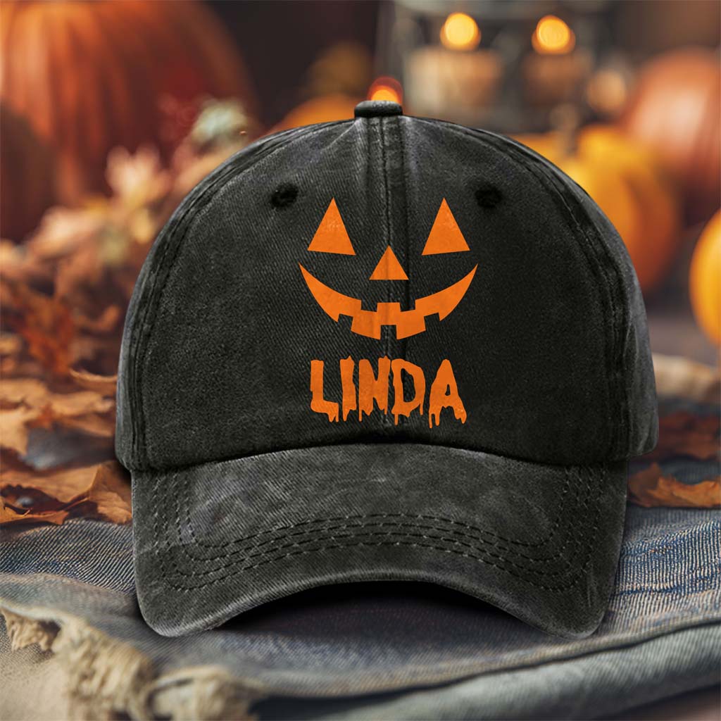 Personalized Jack O Lantern Pumpkin Halloween Distressed Washed Cotton Printed Hat QFTD5020701