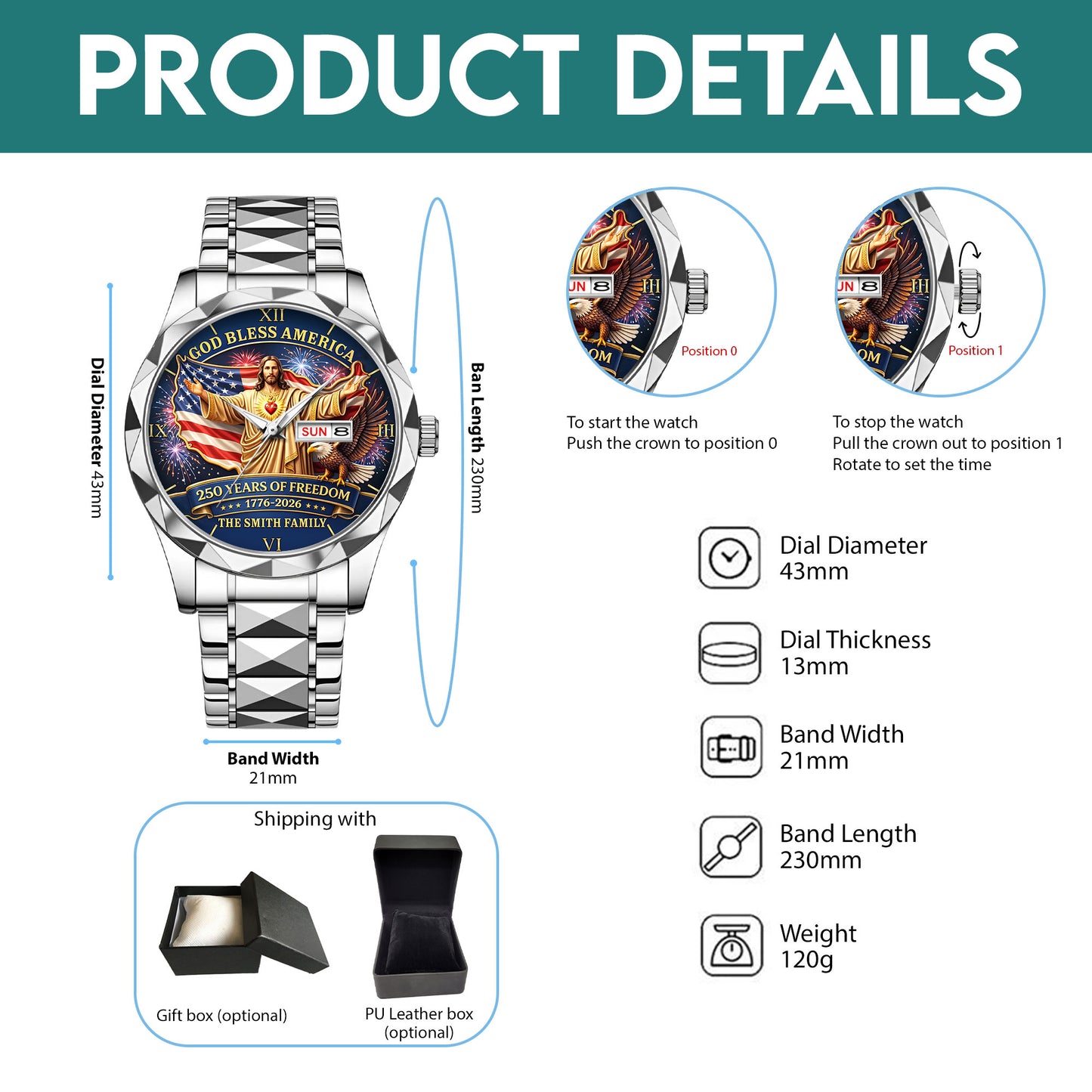 Personalized God Bless America United State 250th Anniversary Alloy Luxury Quartz Watch UKND6100401