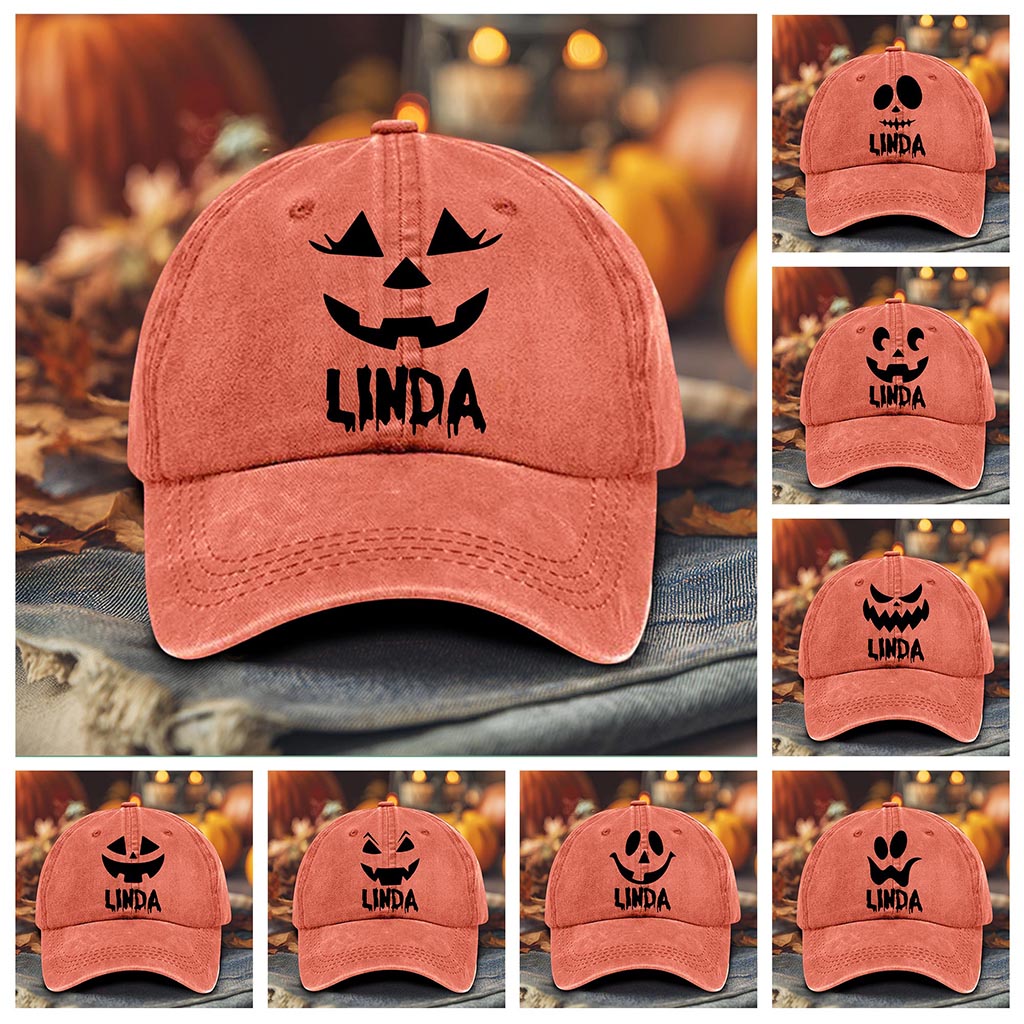 Personalized Jack O Lantern Pumpkin Halloween Distressed Washed Cotton Printed Hat QFTD5020702