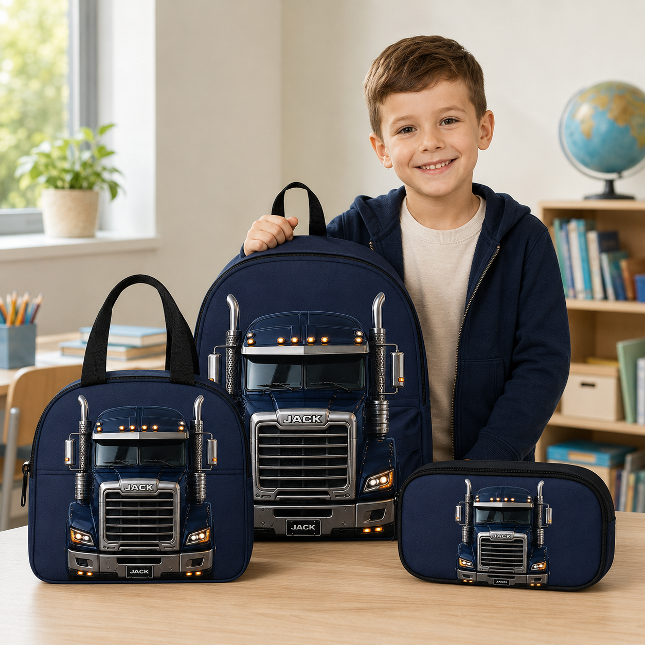 Personalized Truck Backpack Set for Boys, Custom Name Semi Truck School Bag, Lunch Bag & Pencil Case QFTD6150809