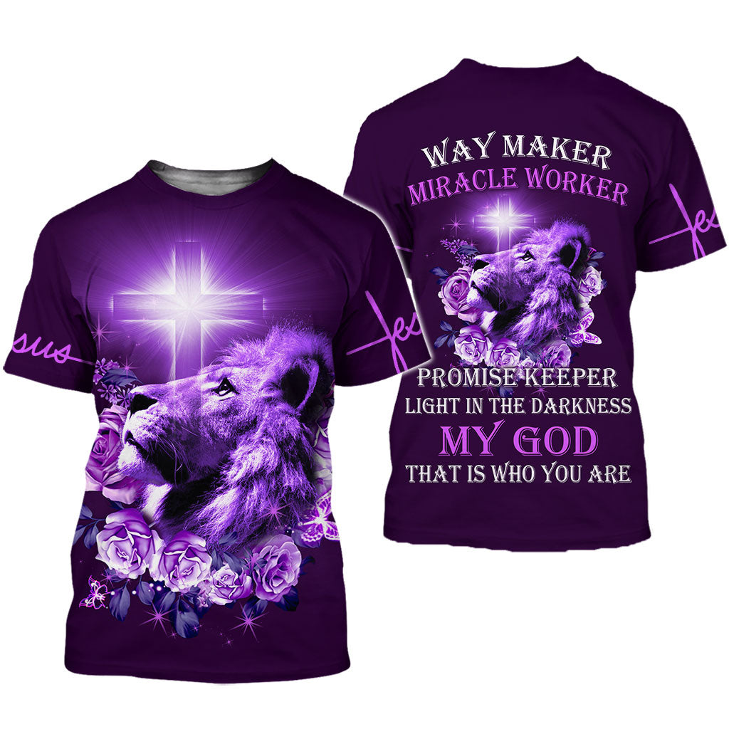 Lion Cross Light, Purple Rose Way Maker Miracle Worker Jesus 3D All Over Printed Clothes QFDT130501