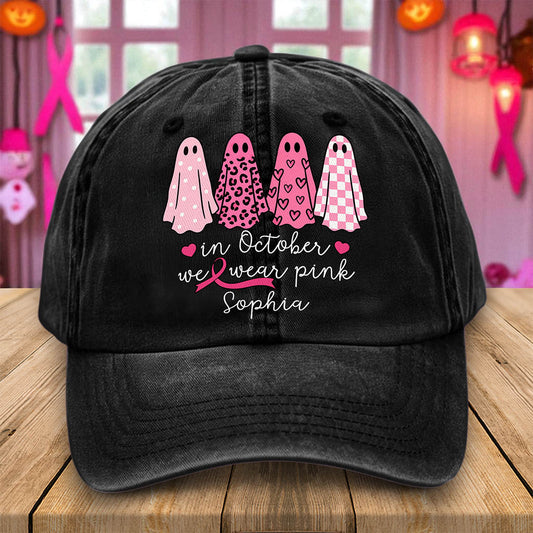 Custom Breast Cancer Distressed Washed Cotton Printed Hat , In October We Wear Pink Ghost Hat, Cancer Support Hat, Cancer Awareness Shirt, Cancer Fighter Gifts UKND5180805