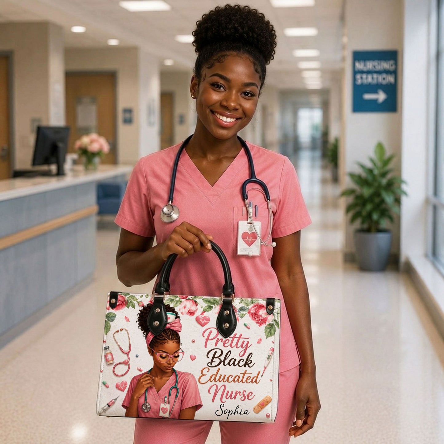 Personalized Black Nurse Woman Leather Handbag UKND6040605