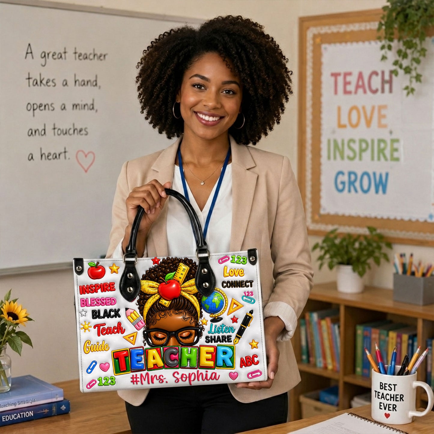 Personalized Teacher Black Women Leather Handbag UKND6080603