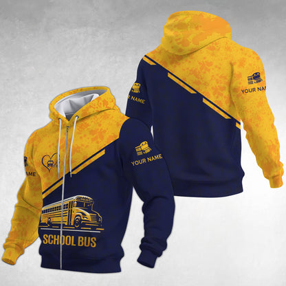 Custom School Bus Zipper Hoodie School Bus Driver Zipper Hoodie Golden School Bus 3D Zipper Hoodie UKND6270711