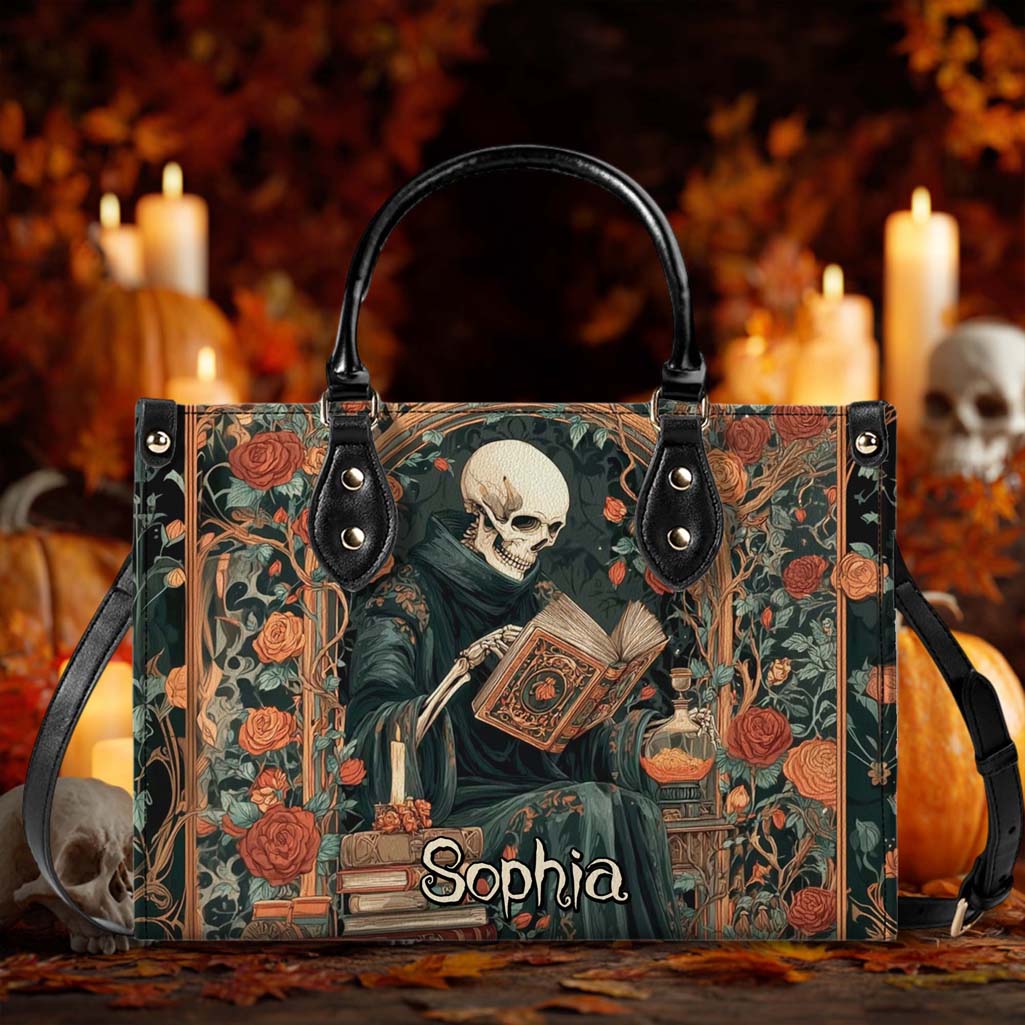 Personalized Gothic Skeleton Reading Book PU Leather Handbag QFHM5110901