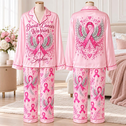 Personalized Breast Cancer Awareness Satin Pajama Set UKHA6061002