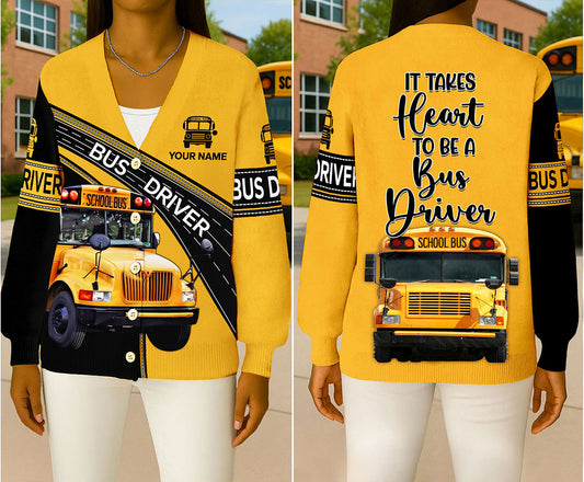 Personalized Name School Bus Driver Knitted Cardigan UKNT5091006
