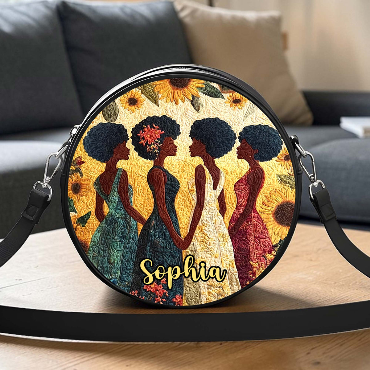 Custom Name Afro Girl PU Leather Round Crossbody Bags THUU6050301