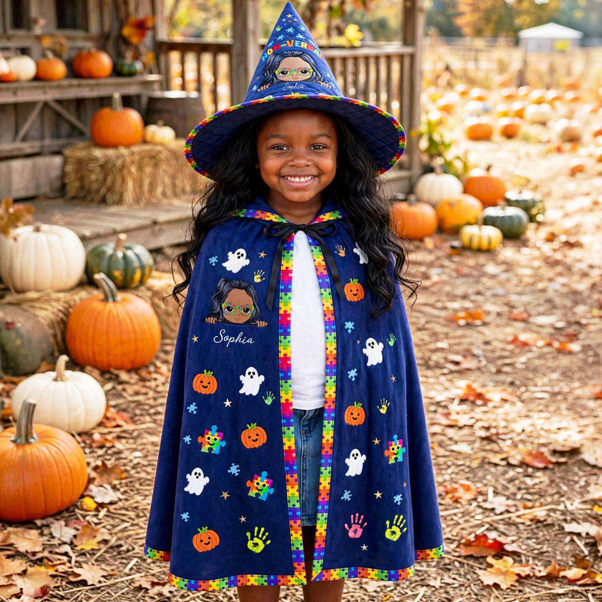 Personalized Autism Witch Quilted Witch Hat, Non Verbal Halloween Autism Witch Hat, Autism Kid Halloween Hooded Cloak, Autism Kids Witchy Collection NPND6030907
