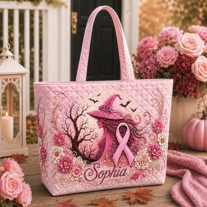 Personalized Pink Witch Breast Cancer Quilted Shoulder Tote Bag QFTD6150805