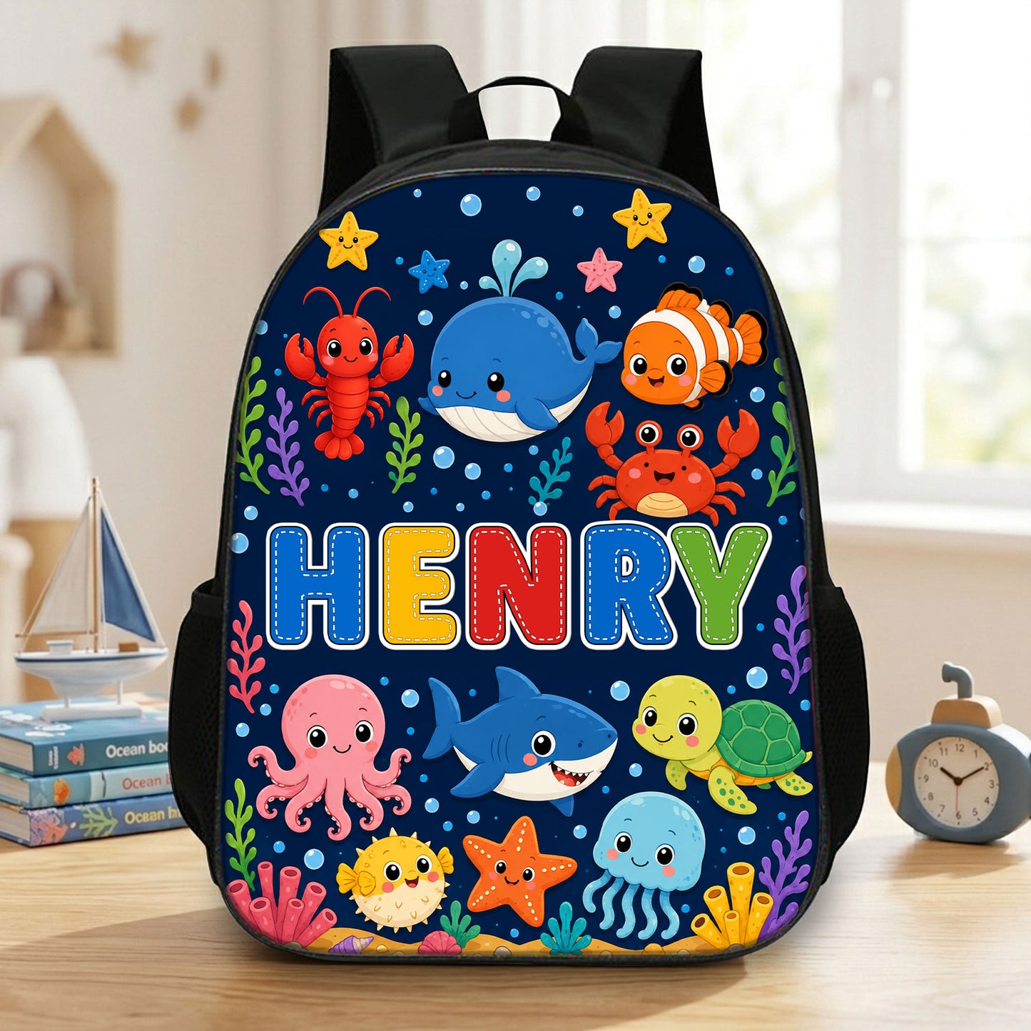 Custom Name Back To School Sea Animals Backpack for Kids PMND6300603
