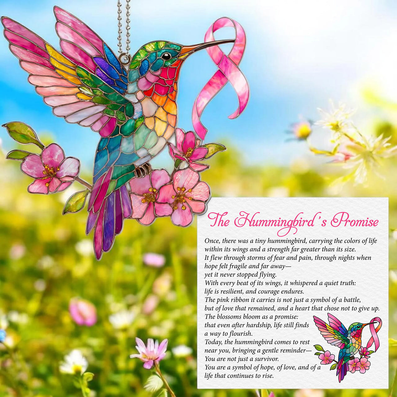 Breast Cancer Hummingbird Ribbon Acrylic Suncatcher & Card QFTD6020101