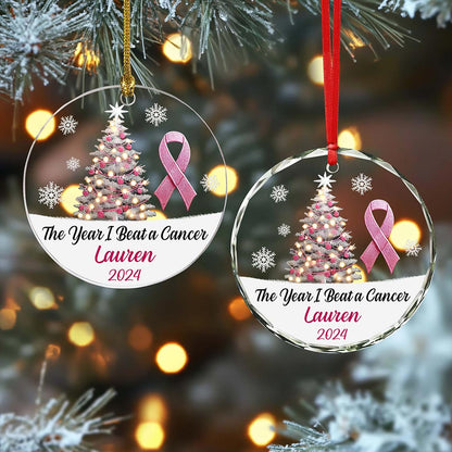 Personalized The Year I Beat a Cancer Glass Ornament, Acrylic Ornament, Beating Breast Cancer Gifts QFHA4071101