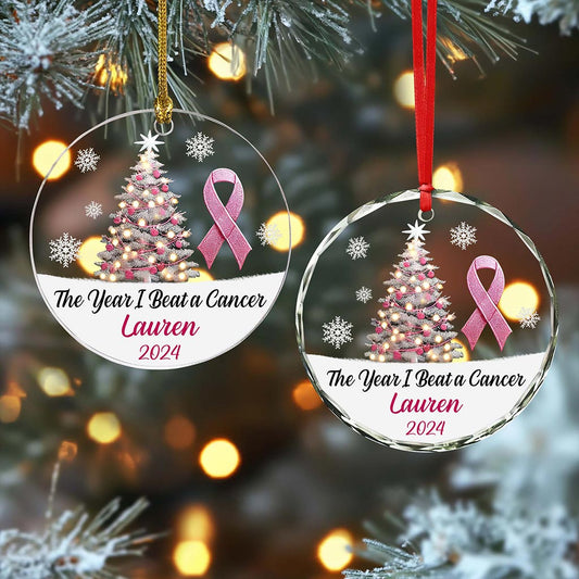 Personalized The Year I Beat a Cancer Glass Ornament, Acrylic Ornament, Beating Breast Cancer Gifts QFHA4071101