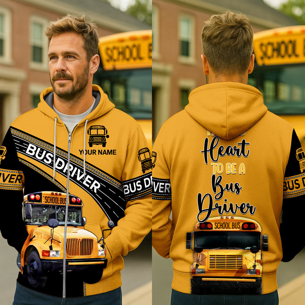 Personalized Name School Bus Driver Zipper Hoodie, It Takes Heart To Be A Bus Driver NPNT4240704