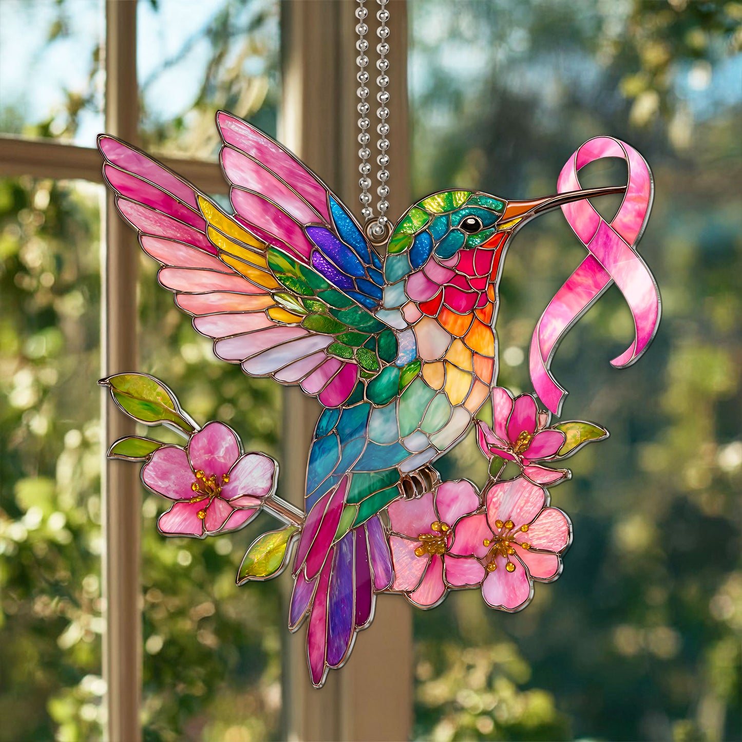 Breast Cancer Hummingbird Ribbon Acrylic Suncatcher & Card QFTD6020101