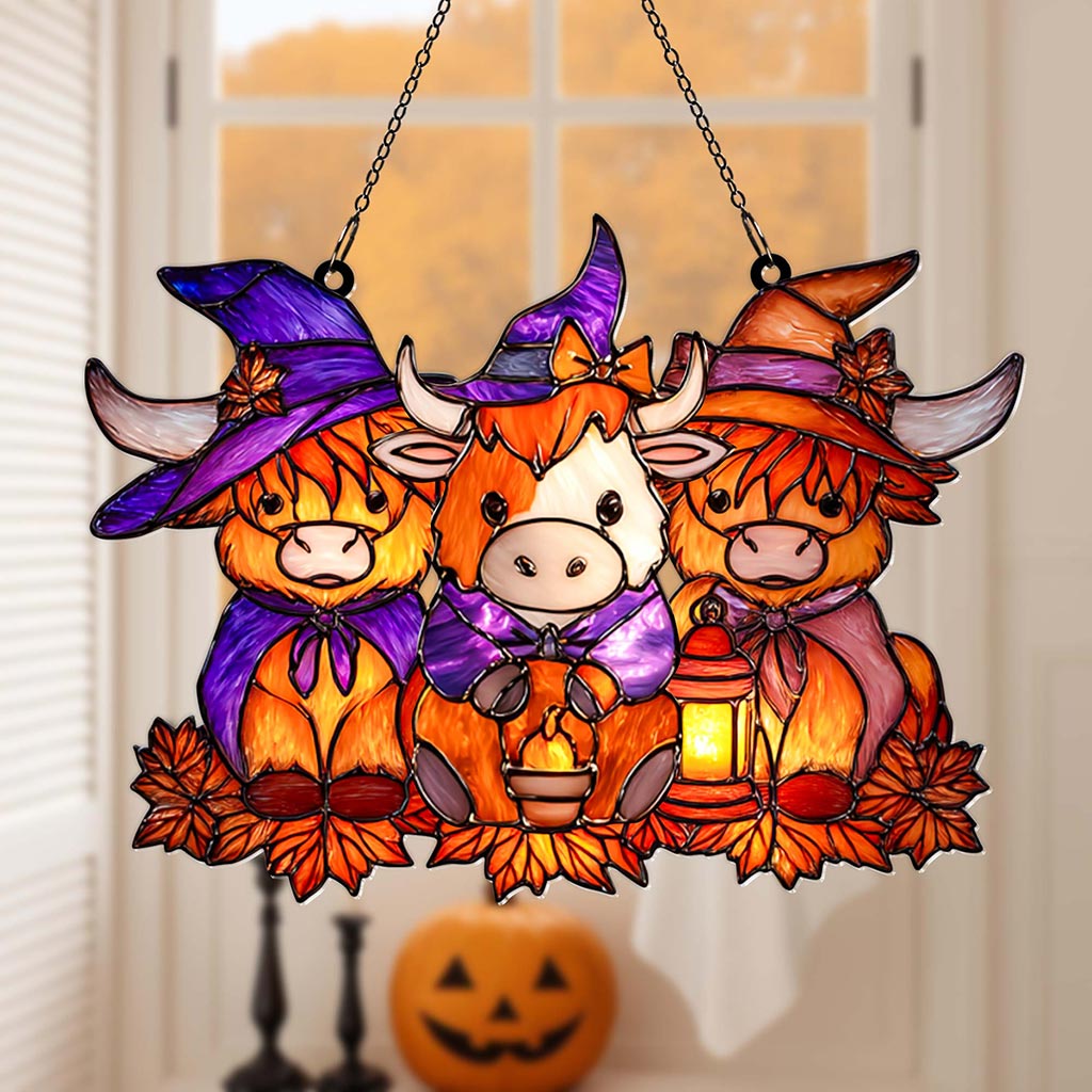 Highland Cows Halloween  Acrylic Window Hangings Suncatcher UKHA5130901