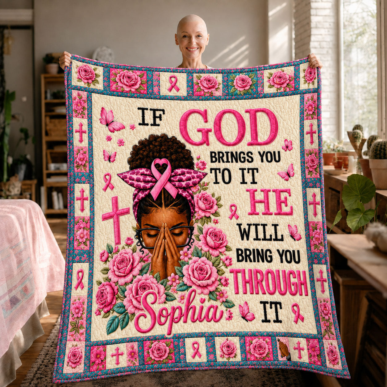 Personalized Breast Cancer Awareness Faith Quilt Bedding Set QFTD6050801