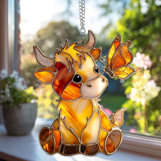 Highland Cow and Butterfly Acrylic Window Hanging QFTD5160801